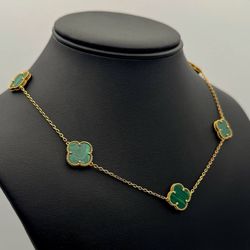 Jewelry 925 sterling silver Van cleef style Paper Clip Green clover shape necklace 20” 1mm