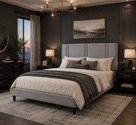 King bed Size Platform Bed Frame with Adjustable Headboard, Plush Velvet Upholstered, Vertical Channel Tufted, Sturdy Wooden Slats, No Box Spring Need