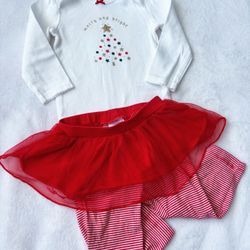 ✨NEW BABY GIRL 9 MONTHS CHRISTMAS OUTFIT CHRISTMAS TREE RED SKIRT MERRY & BRIGHT