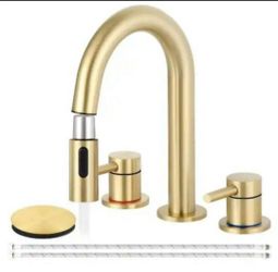 AKLFGN 8 in. Widespread Bathroom Faucet 3 Hole with Pull Out Sprayer, Bathroom Sink Faucet with Pop-Up Drain in Brushed Gold
