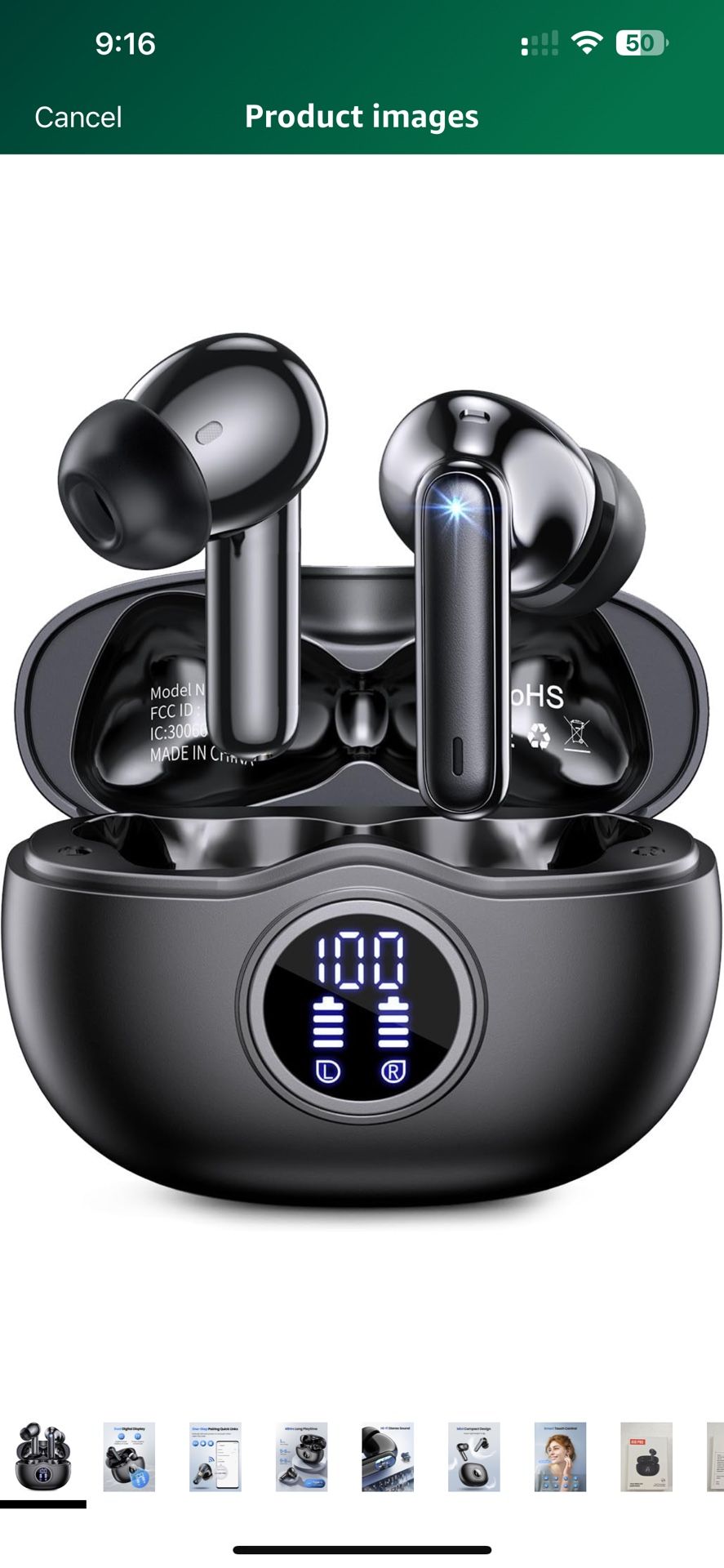 Bluetooth Headphones 5.3 Stereo Wireless Earbuds, 50 Hours of Playback with LED Display in-Ear Ear Buds with 4 Microphones IPX7 Waterproof Earphones f