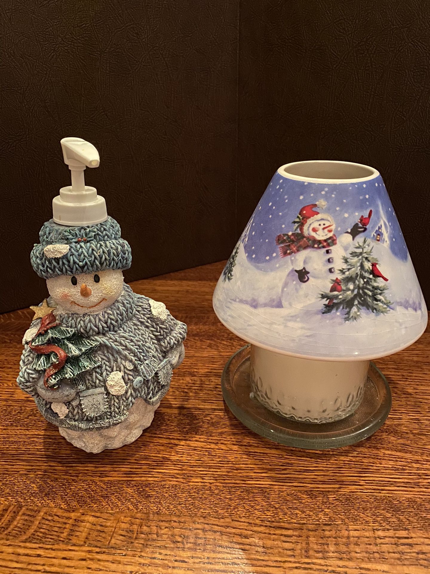 Snowman Soap Dispenser + Ceramic /Glass 3 Piece Christmas Themed Hurricane Tabletop Lamp/Battery Operated Candle Holder