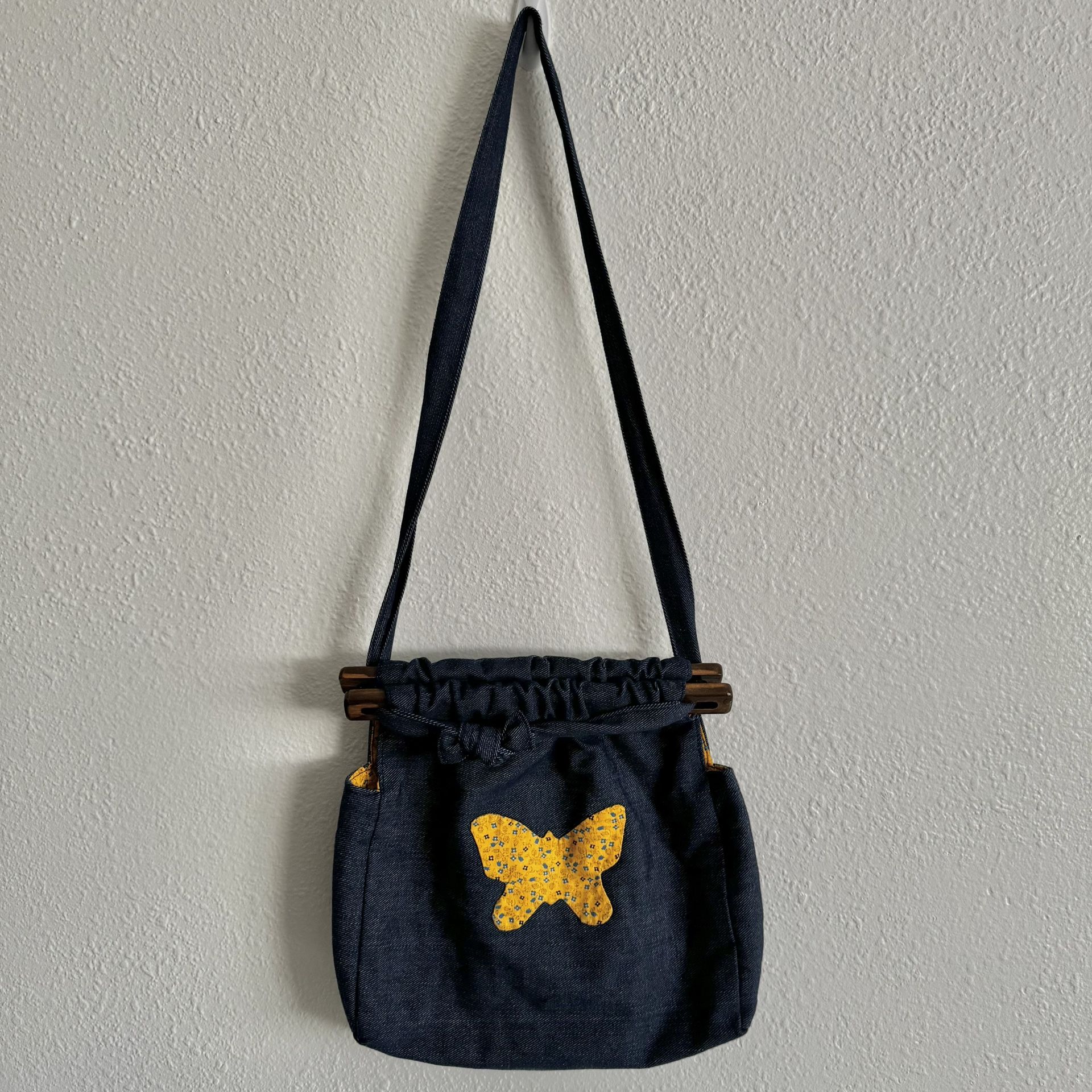 Vintage Y2K Blue Denim Yellow Butterfly Boho Cottage Jean Crossbody Bag Purse