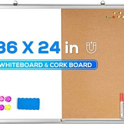 Magnetic White Board and Bulletin Cork Board Combination, 36 x 24 Inch Dry Erase Board Bulletin Combo Board, Hanging Wall Mounted Message Board