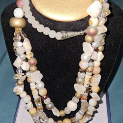 30” Vintage 3 Tier Shell And Multi Beaded Necklace