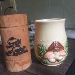 Mushrooming 70’s Vases 🍄😊 2=a Porcelain & Wood One 