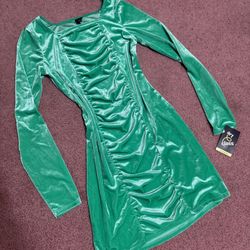 New xl green velvet stretchy long sleeve short ruched mini dress