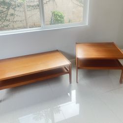 Mid-Century Solid Wood Teak Coffee Table And End/side Table