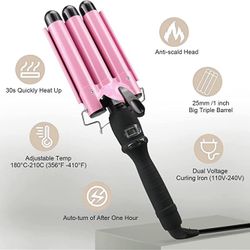 3 Barrel Curling Iron Wand Dual Voltage Hair Crimper with LCD 