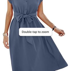 Womens Casual Midi Dresses Solid V Neck Short Sleeve Button Shirt Belted Dress with Pockets for Spring Summer 2024