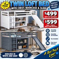 Twin loft bed with chest, bookcase & slide. Available in grey & white. Assembly required. Assembly not included. Tax included. Free local delivery.