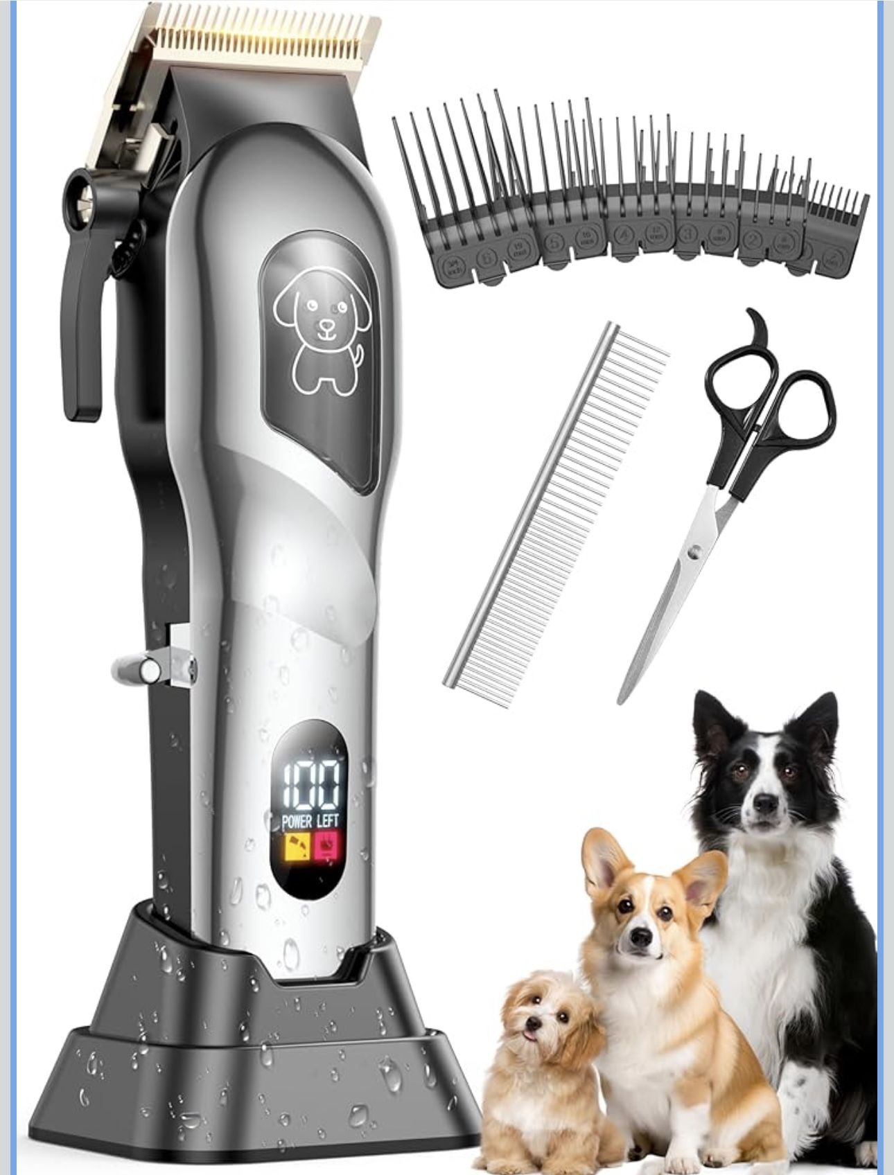 Dog Grooming Kit, Dog Clippers for Grooming for Heavy Thick Hair, Low Noise Cordless Pet Hair Trimmer with Stainless Steel Blade