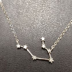 Gemini Constellation Silver Necklace. Marked 925 Sterling Silver And Cubic Zirconia