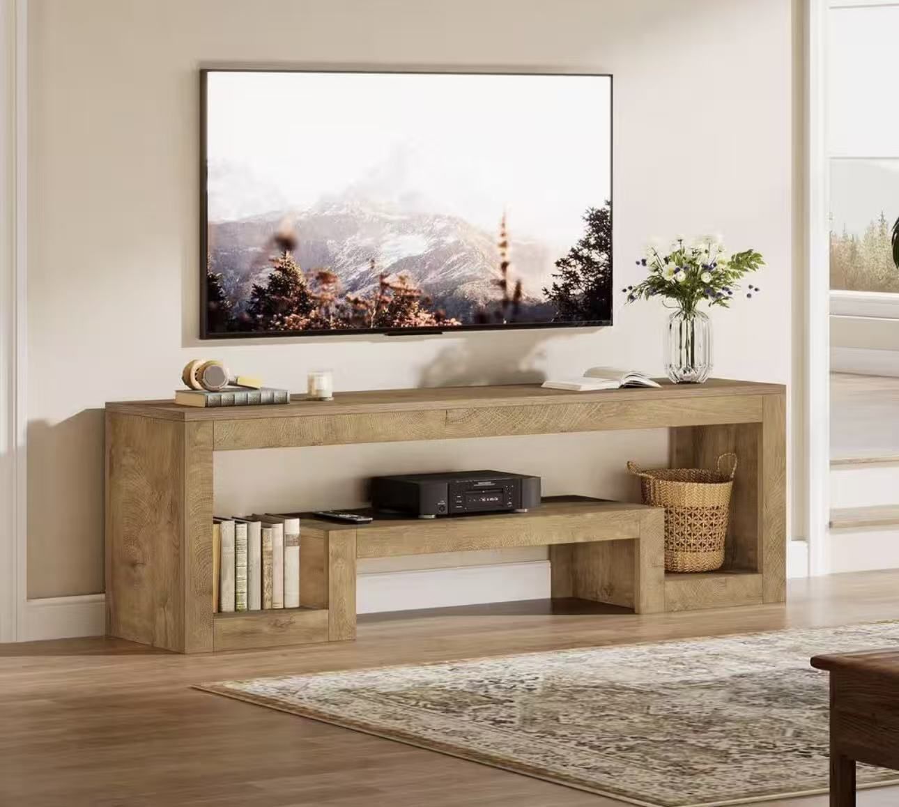 RY0383 Tabor Light Brown TV Stand Fits TVs up to 60 to 65 in. Farmhouse Vintage Entertainment Center with Storage Shelves