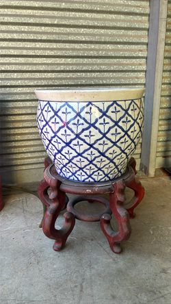 Large Blue and White Ceramic Fishbowl Planter