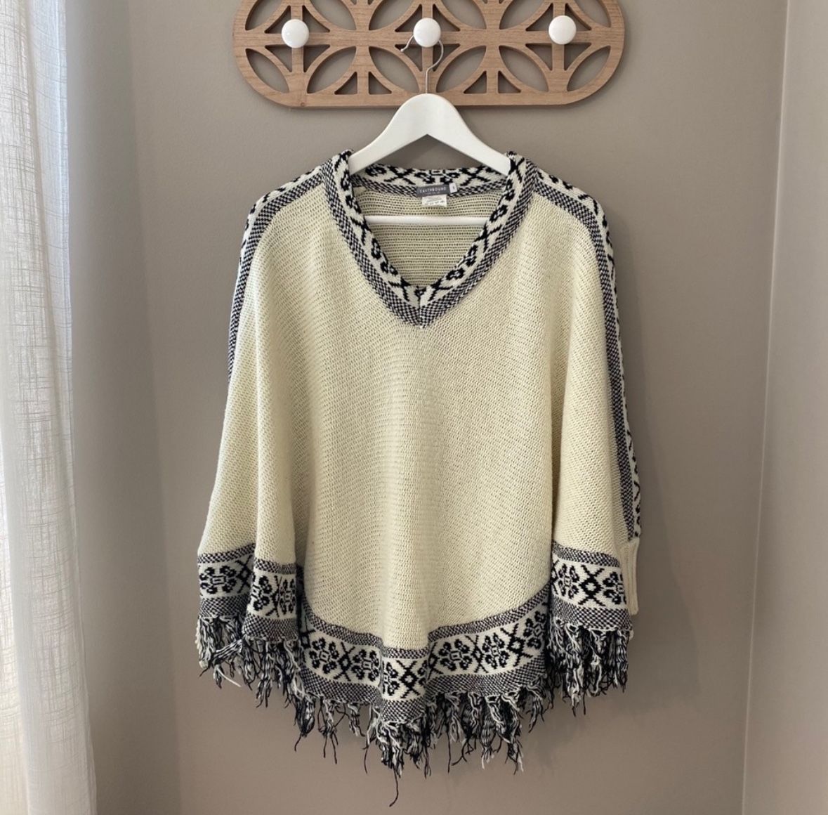EARTHBOUND Tribal Fringe Cape Sweater Beige Small