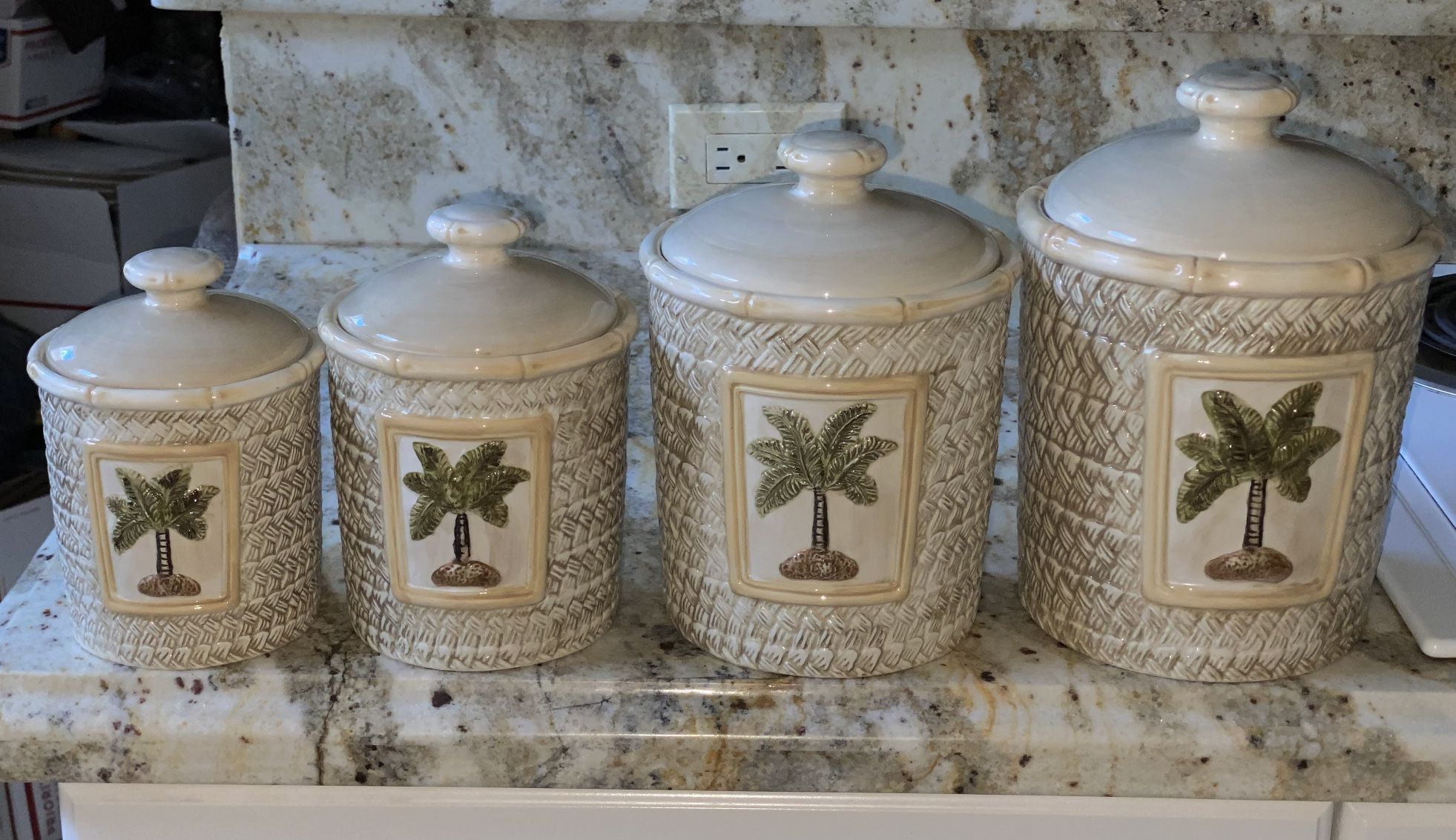 CANISTER SET FOR KITCHEN - CERTIFIED INTERNATIONAL 4 PIECE KITCHEN PALM TREES CANISTER SET WITH WOVEN BAMBOO STYLE CERAMIC DESIGN - BEAUTIFUL