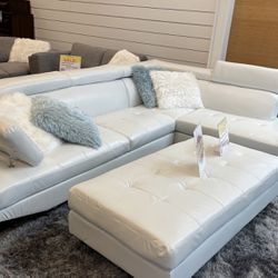 White Leather Sectional Sofa With Ottoman ** In Stock ** Easy Financing 