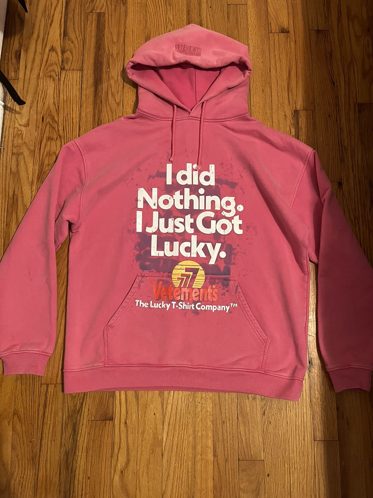 Pink Vetements I did Nothing Just Got Lucky Hoodie