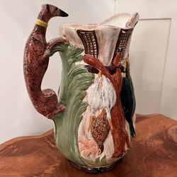 Vintage Majolica Pottery Large Jug Pitcher “After the Hunt” Hunting Game With Greyhound Dog Handle