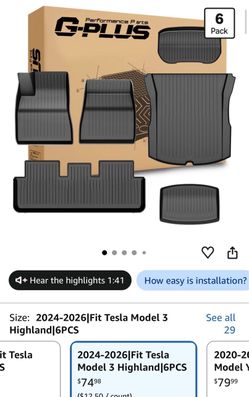 Tesla Model 3 Highland Floor Mats 6-Pack 24-26
