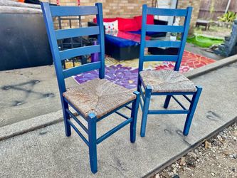 Blue Ladder-Back Chairs with Rush Seats – Set of 2