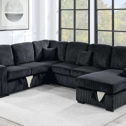 Brand New Black Corduroy 4-Piece Convertible Sectional
Sleeper Sofa, Chaise Storage, Sofa Storage & USB Port