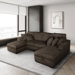 New Corduroy Sectional With Pullout Bed / Chaise Storage.  123x62x62x36H.  Free Delivery!