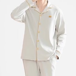 Men's cotton pajama set with cool summer feel, lightweight summer style, 2025 new model, long-sleeved cardigan, suitable for wearing outside as well, 