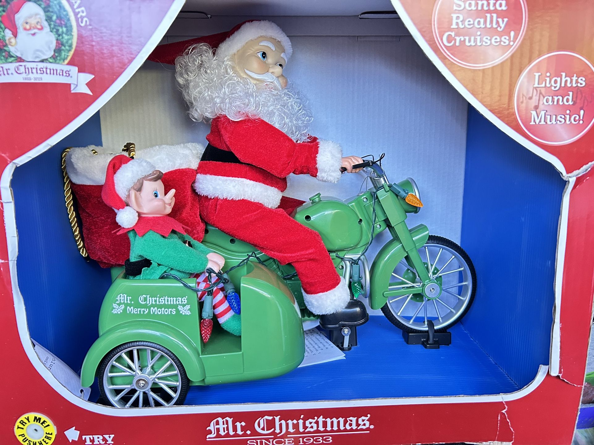 new = Mr. Christmas Motorcycle with Sidecar Santa Elf Music Motion Lights 15in