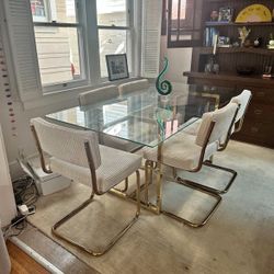 Cream And Gold Luxury Glass Dining Set For 6