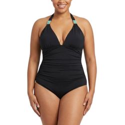 ViX Paula Hermanny Black One Piece Swimsuit Turquoise Stone Accent Halter Sz 12
