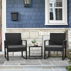 New 3-Pieces Modern PE Rattan Chair Patio Furniture Conversation Sets Patio Set Bistro Set for House Porch Garden Backyard Outdoor New in box T LCRC