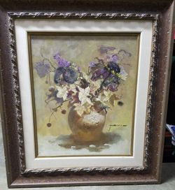 Original signed, oil painting sunflowers, purple flowers,