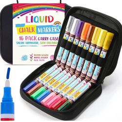 Brandnew 16 Chalk Markers with Case | Vibrant Liquid Chalkmarkers | Reversible Tips, Easy to Clean & Erase | Eraseable Chalkboard Pens for Chalkboard