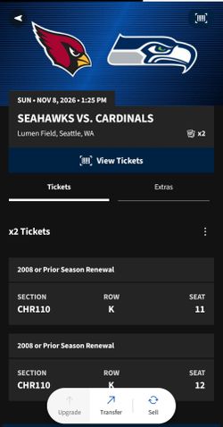 Seattle Seahawks VS Arizona Cardinals CHARTER SEATS