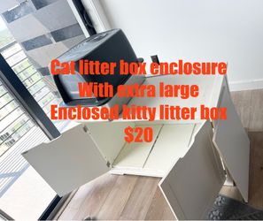 White cat litter box enclosure with extra large hooded kitty litter box