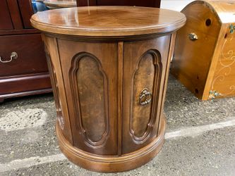 Dark Wood Drum Side Table w/ Burled Wood Panels