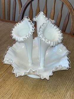 Vintage Fenton Silver Crest Milk Glass Epergne