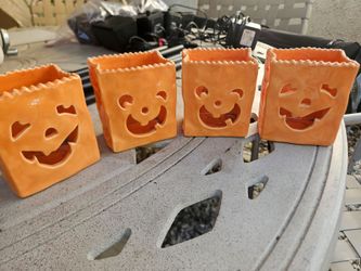 Set of 4 Ceramic Jack-O-Lantern Candle Holders