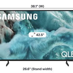 Samsung QLED TV with dimensions 38.1" W x 22.1" H. 