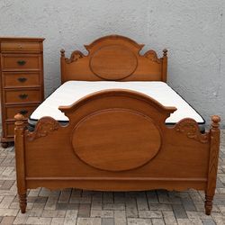 Beautiful Queen size bed with high dresser. Mattress and boxspring included free. Delivery available
