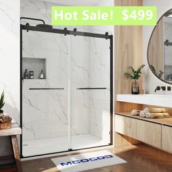 60 in. W x 76 in. H Double Sliding Semi-Frameless Shower Door in Matte Black with Smooth Sliding and 3/8 in. Glass