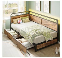 ANCTOR Corner Bed Frame Twin DayBed with Storage Drawers, Brown