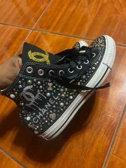 Black Converse sneakers with silver and gold Chanel studded with rhinestones and pearls