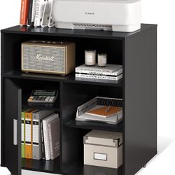 DEVAISE Mobile Printer Stand with Adjustable Shelf, Rolling Wood Storage Cabinet on Wheels, Black
