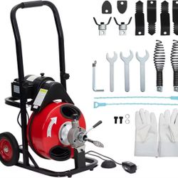 100FT 3/8in Self-Feed Drain Cleaning Machine with 370W Motor, Portable Sewer Snake Drill with 8 Cutters and Switch