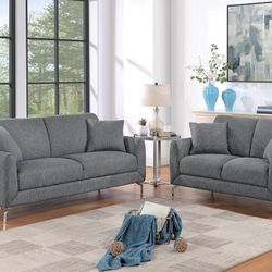 ✅️✅️2 pc dark gray polyfiber woven fabric sofa and love seat set with chrome legs✅️