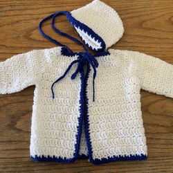 Like New Baby Crochet Knit White & Blue Cardigan Sweater & Bonnet Set Size 12-18M