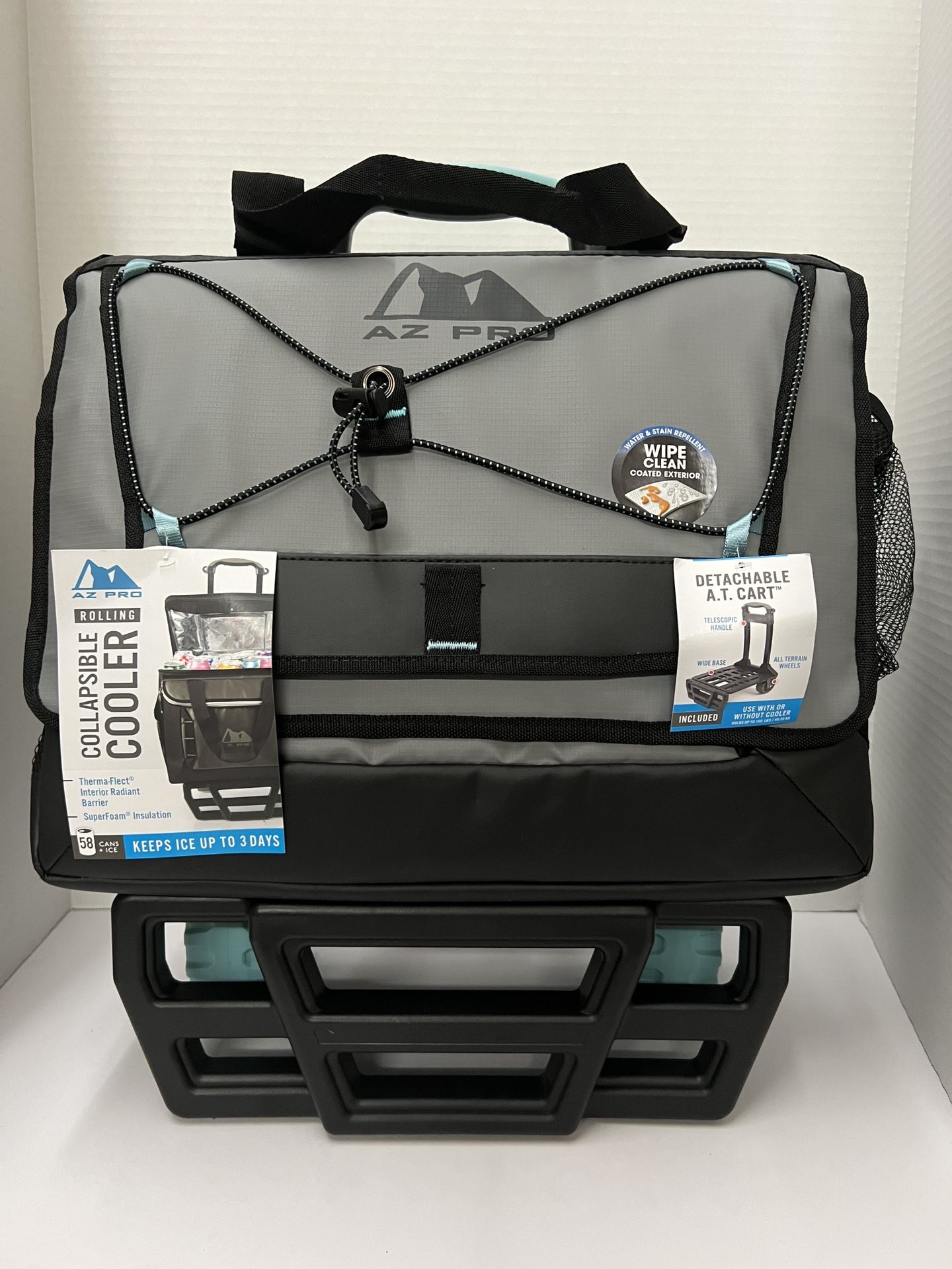 AZ Pro 58-Cans + Ice Collapsible Rolling Cooler w/ Detachable A.T. Cart, Gray